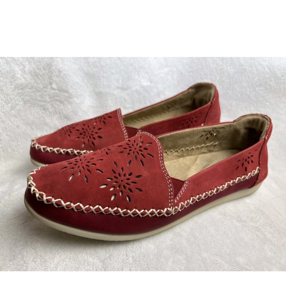 Earth Comfort Red Leather Ballet Flats Laser Cut Skimmer 9